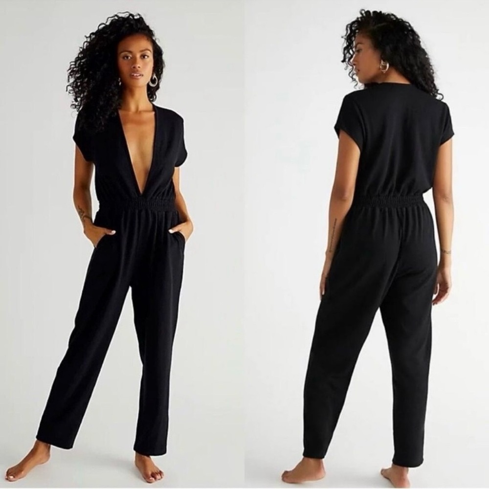 Free People Beach Rita Deep V Neck Textured Jumpsuit Black Size XS